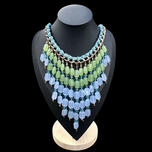Blue Green Glass Fringe Bib Gold Tone Dangle Cha Cha Statement Beaded Necklace - Picture 1 of 5